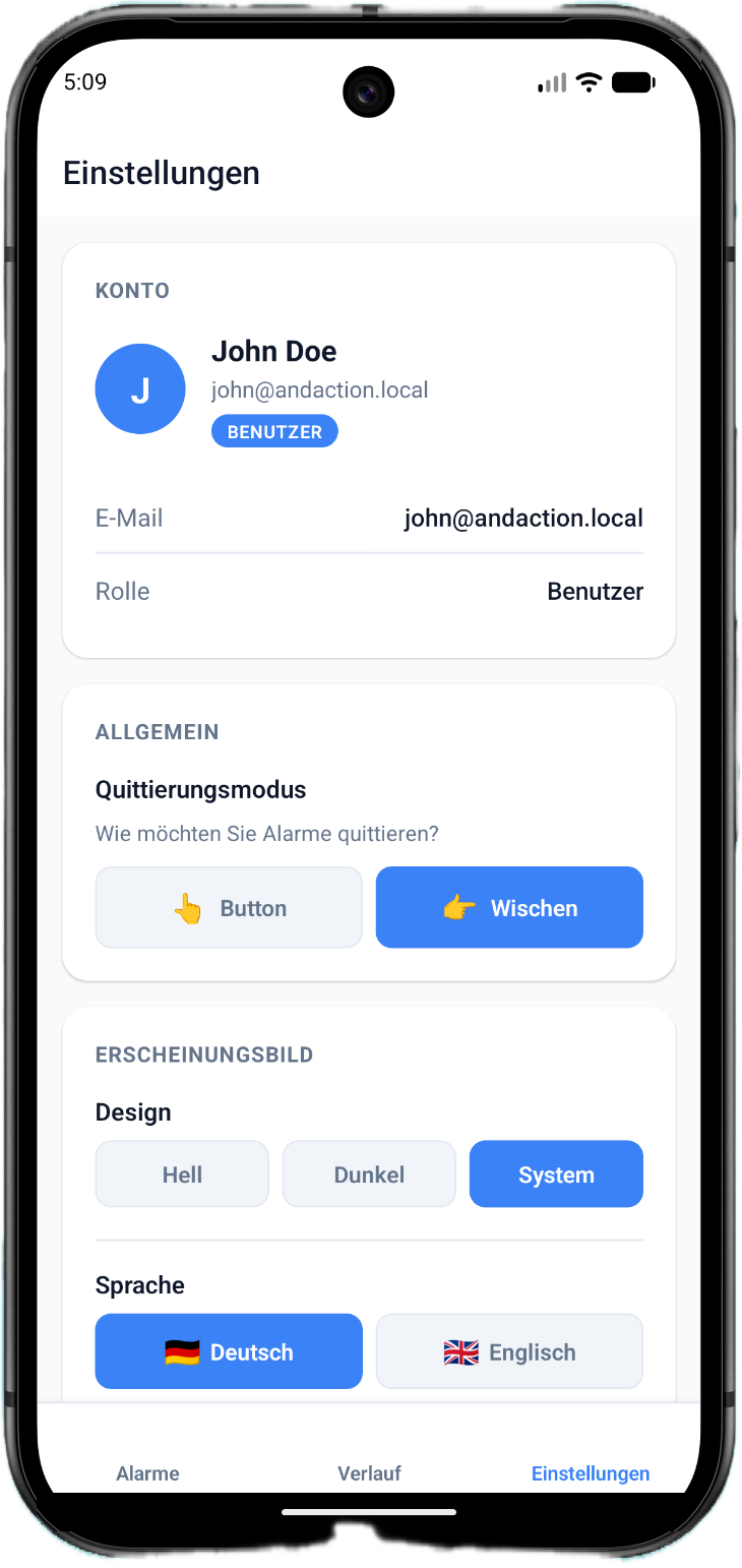 AndAction Mobile - Einstellungen