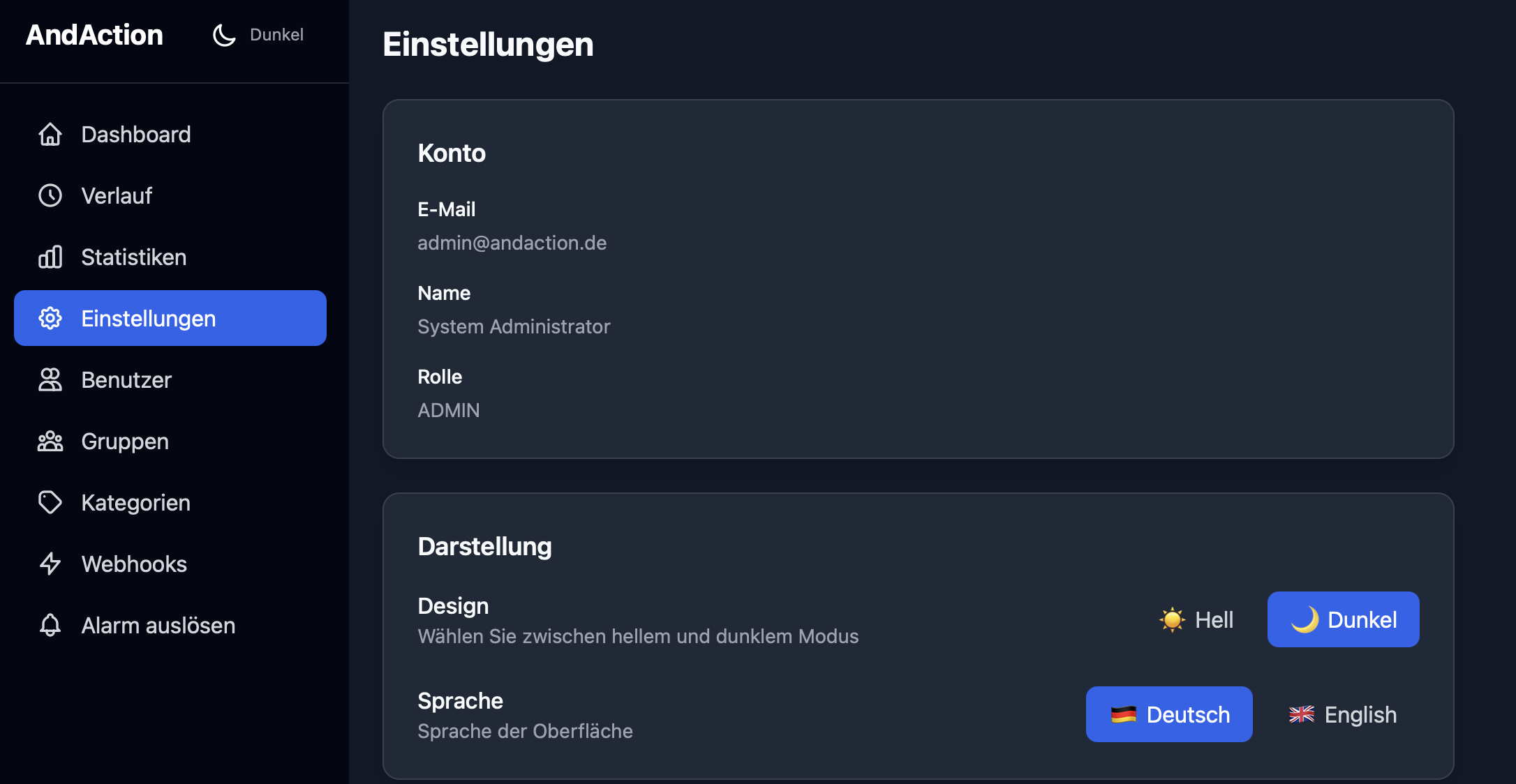 AndAction Einstellungen